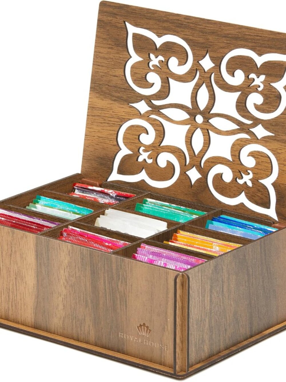 Premium Wood Tea Storage Box Organizer, 9 Compartments Walnut